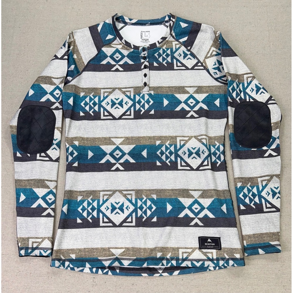Burton Women's Large Wool Henley Base Layer Top Geometric Print Elbow Patches